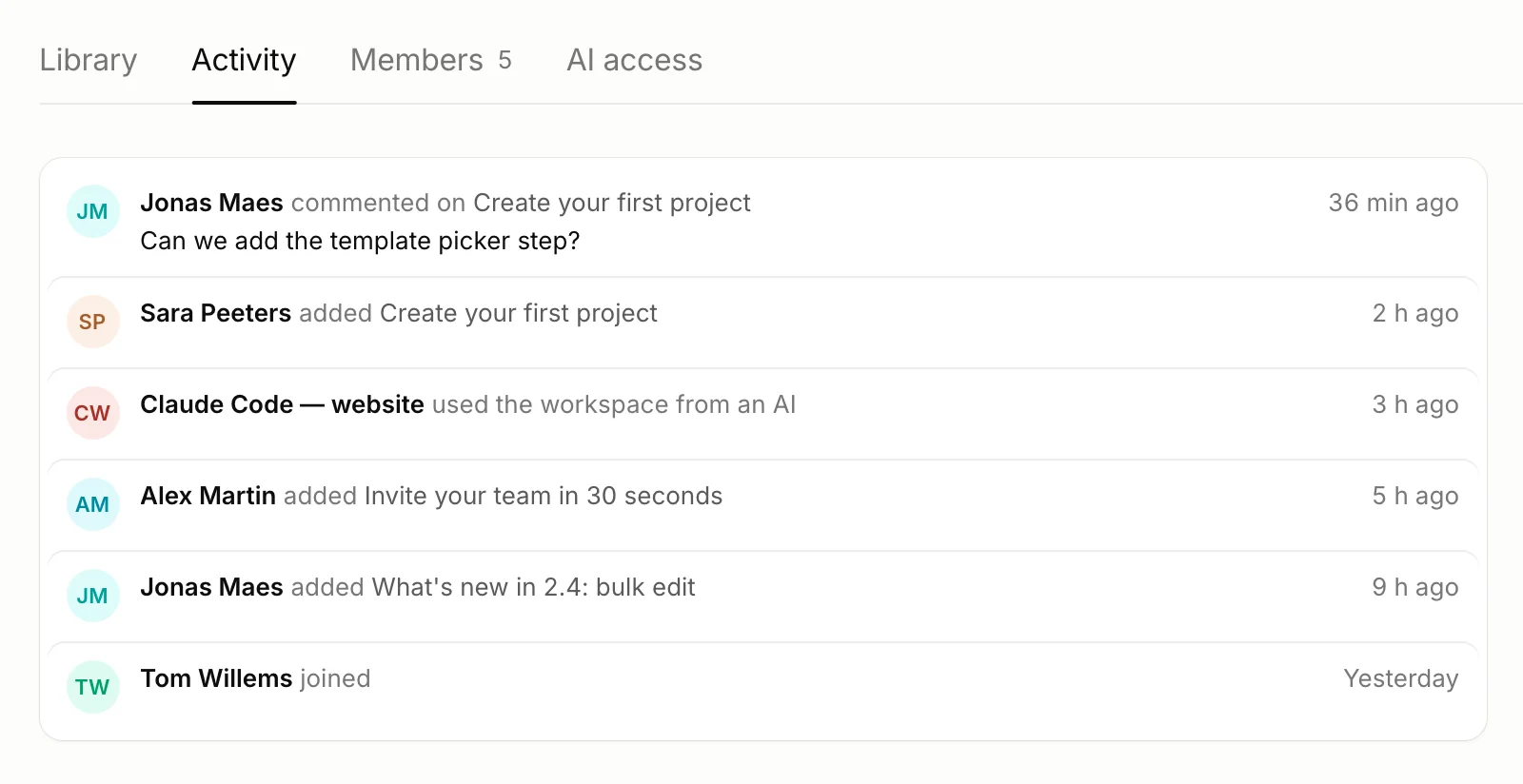 Activity in Dolly: a comment from Jonas Maes, a video added by Sara Peeters, and Claude Code using the workspace
