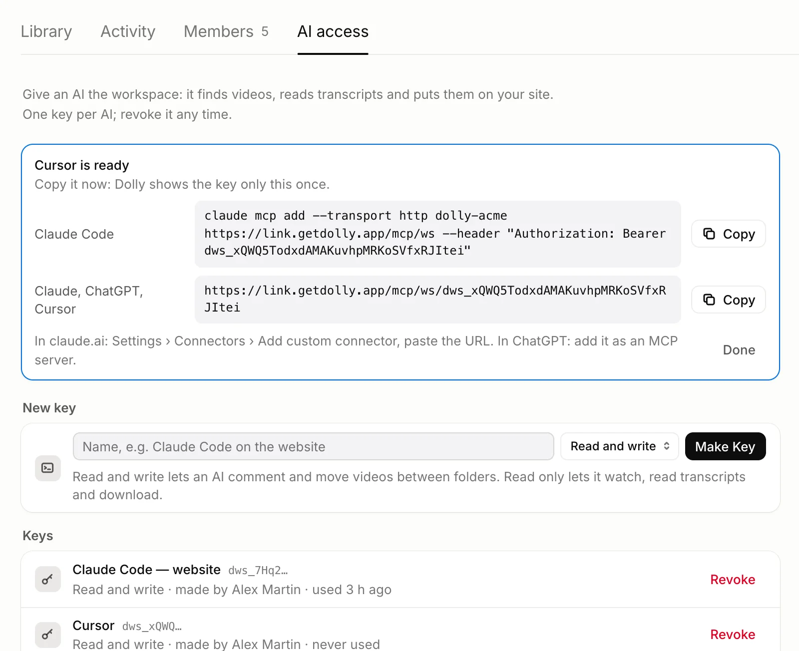 AI access in Dolly: a new key for Cursor, shown once, with the Claude Code command and the URL for claude.ai, ChatGPT or Cursor