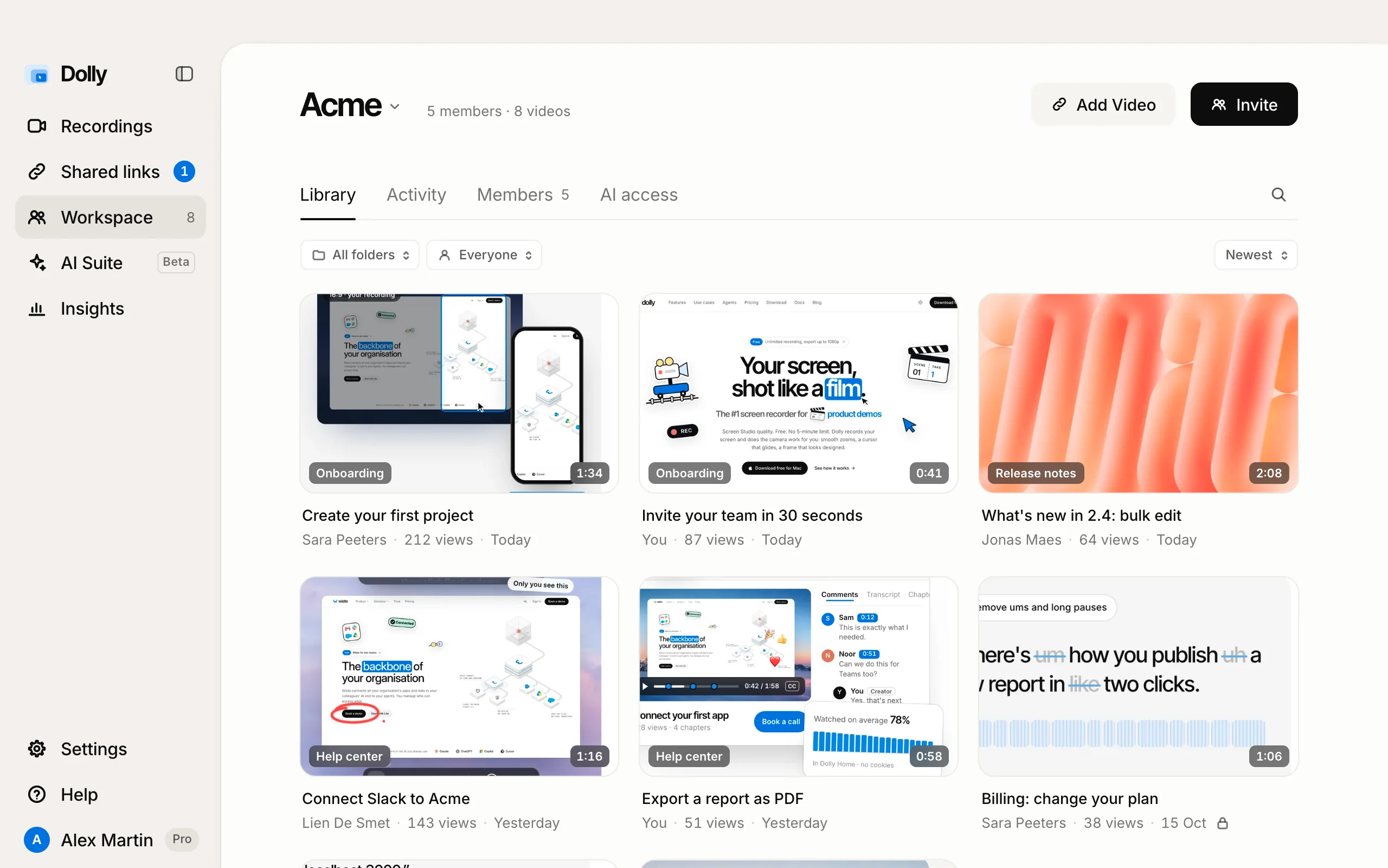 Workspace in Dolly: the Acme library with folders, who added each video, views and when