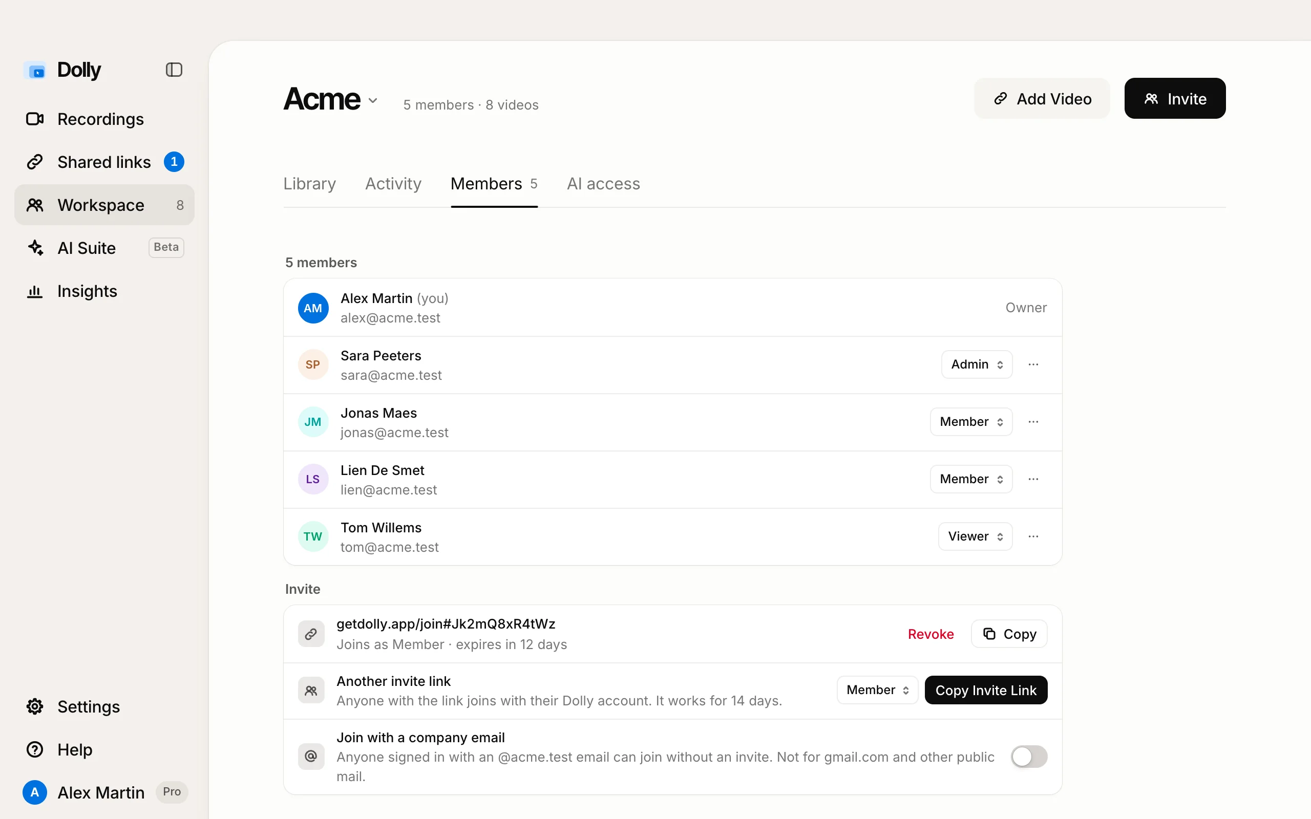 Members in Dolly: five people with their roles, an invite link that expires in 12 days, and join with a company email