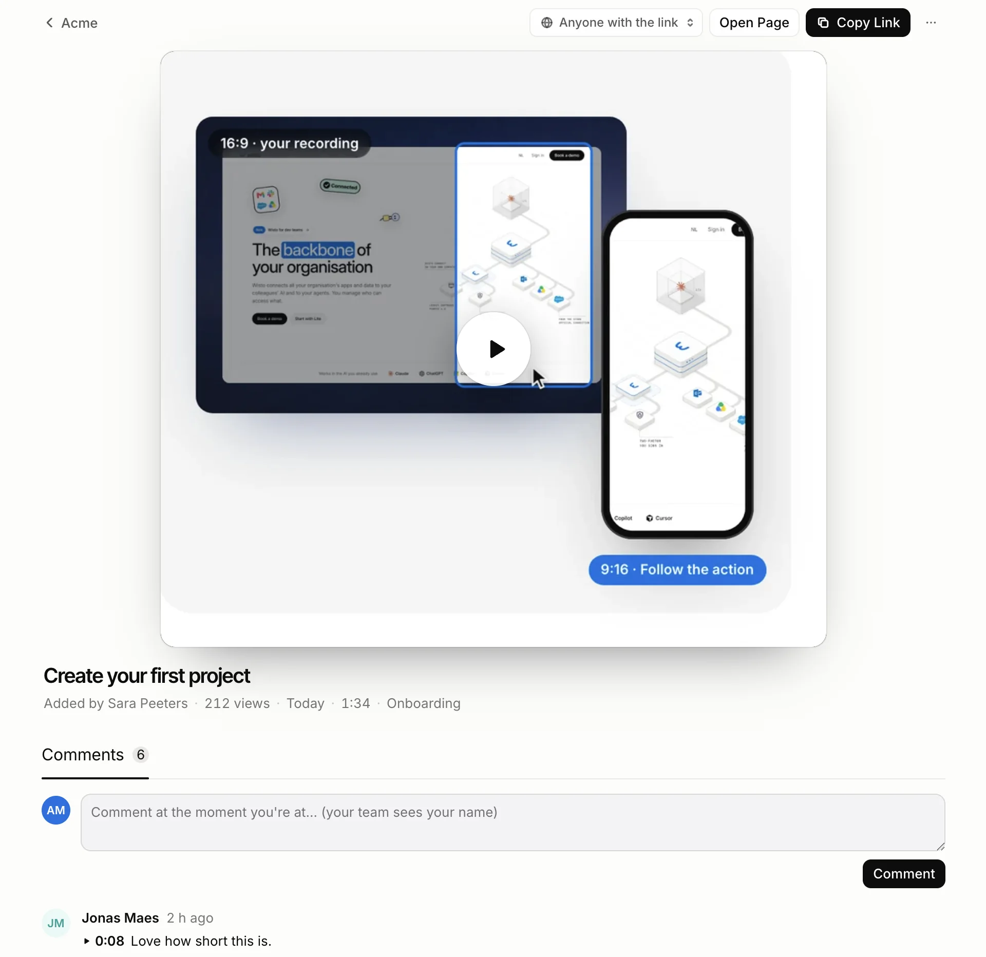 A video opened in Dolly's Workspace: the player, added by Sara Peeters to Onboarding, and the team's comments at their moments