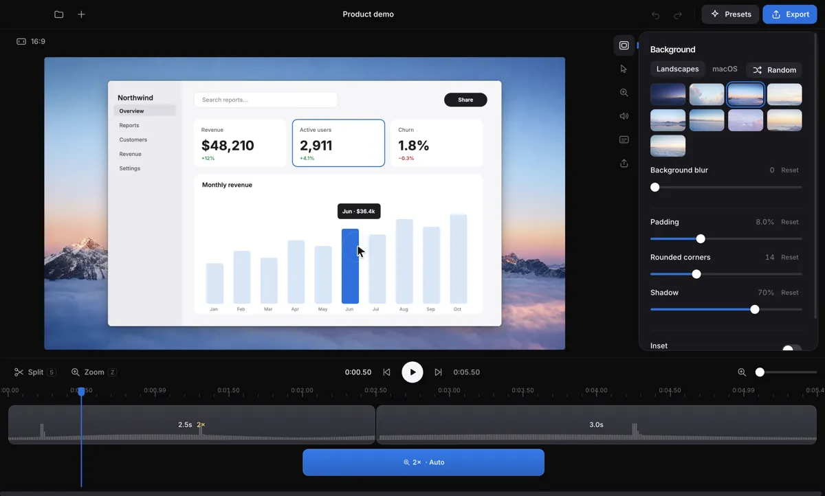 The editor, with a landscape background, padding, corners and shadow.