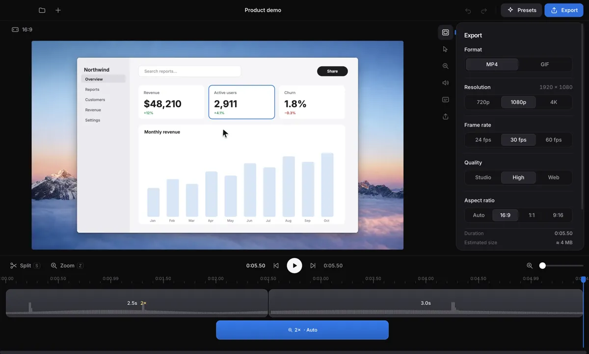 Export: MP4 up to 4K, 24 to 60 fps, five aspect ratios.