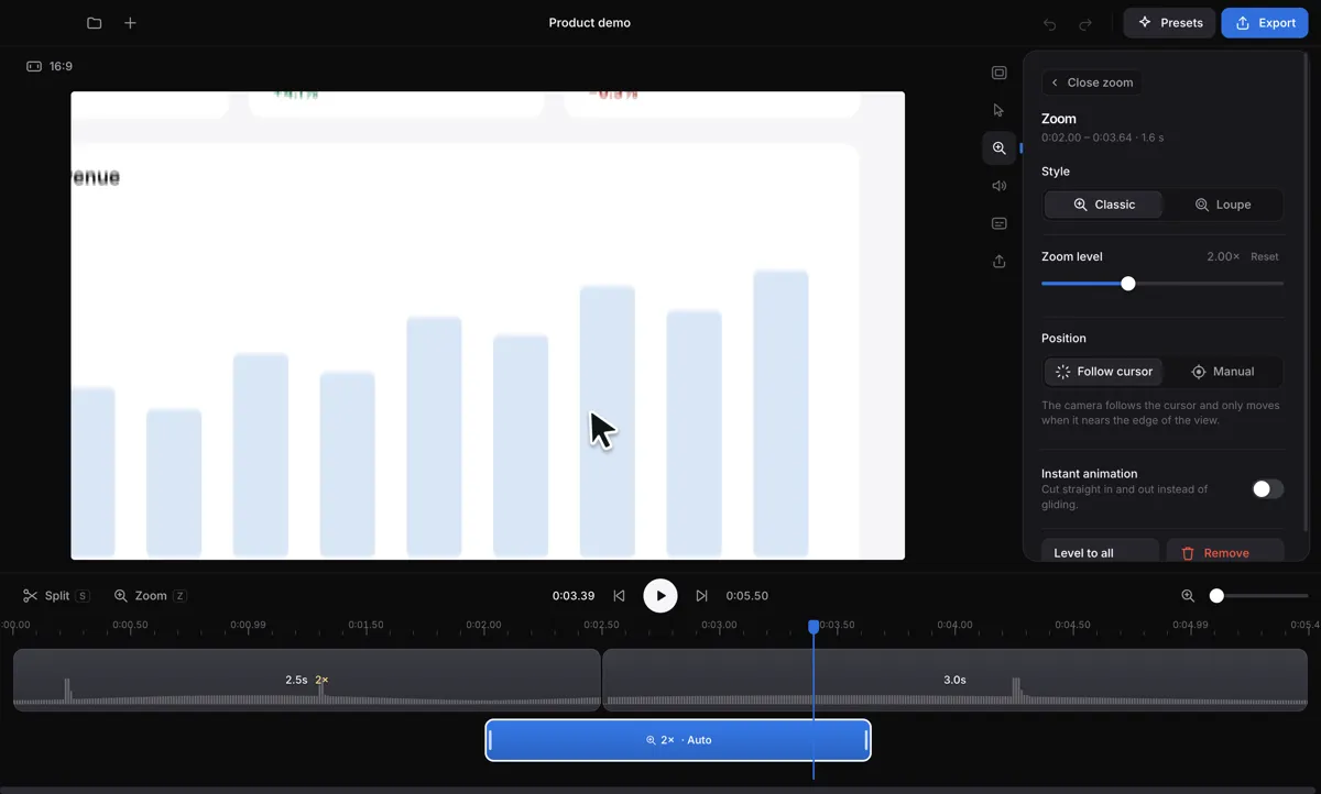 An automatic zoom block on the timeline, with its settings.